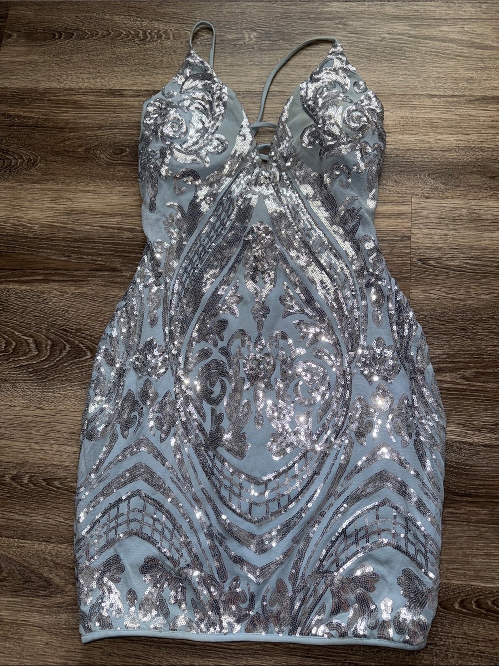 Windsor Size M Sequin Embellished Blue & Silver Cocktail Dress W/ Strappy Back